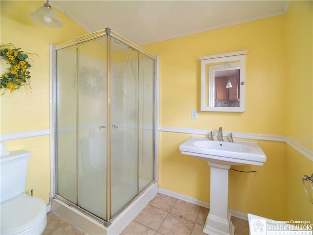 53 W 5th St, Dunkirk-City, NY 14048 - full bathroom featuring crown molding, baseboards, a stall shower, and toilet