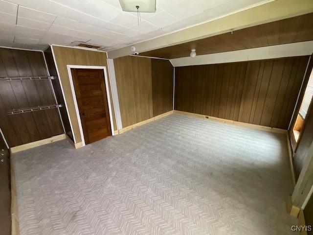 interior space with wooden walls, baseboards, and carpet