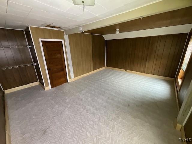 interior space with carpet floors, baseboards, and wood walls