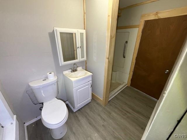 bathroom featuring toilet, a shower stall, wood finished floors, and vanity