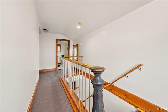 14 Meadow St, Kirkland, NY 13323 - staircase featuring baseboards, vaulted ceiling, and wood finished floors