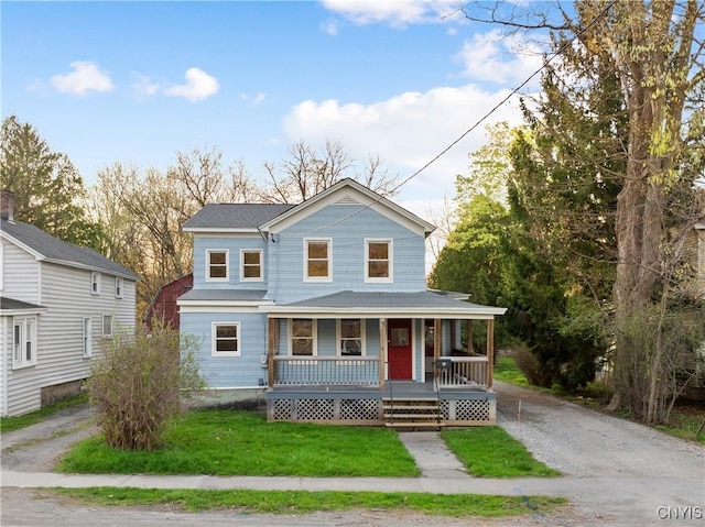 14 Meadow St, Kirkland, NY 13323 - view of front of home with dirt driveway, a front lawn, and covered porch
