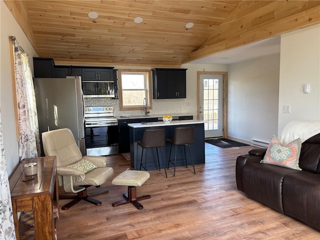 kitchen featuring appliances with stainless steel finishes, light countertops, open floor plan, lofted ceiling, and a baseboard radiator