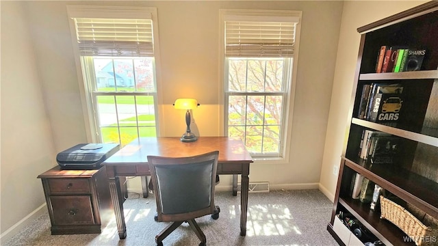 carpeted office with baseboards and a healthy amount of sunlight