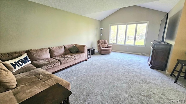 carpeted living area featuring baseboards, vaulted ceiling, and visible vents
