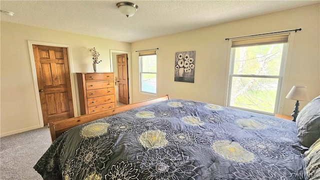 bedroom featuring carpet floors, a textured ceiling, and baseboards