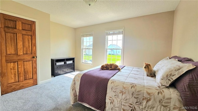carpeted bedroom with a textured ceiling and baseboards