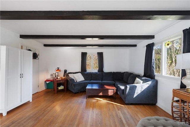living area with baseboards, beam ceiling, and wood finished floors