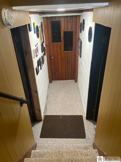 4 Brewer Pl, Westfield, NY 14787 - hallway featuring wooden walls and light colored carpet