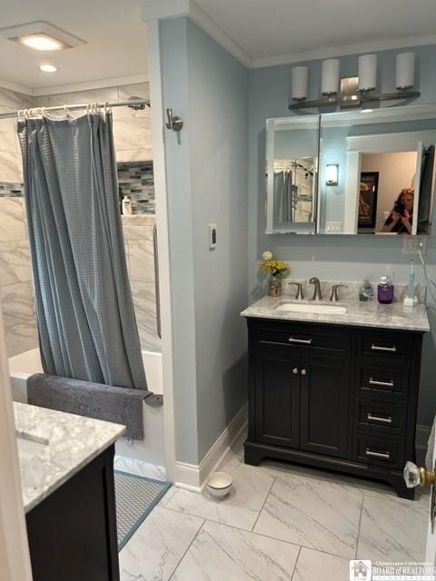 4 Brewer Pl, Westfield, NY 14787 - full bath with baseboards, ornamental molding, shower / bath combination with curtain, and marble finish floor