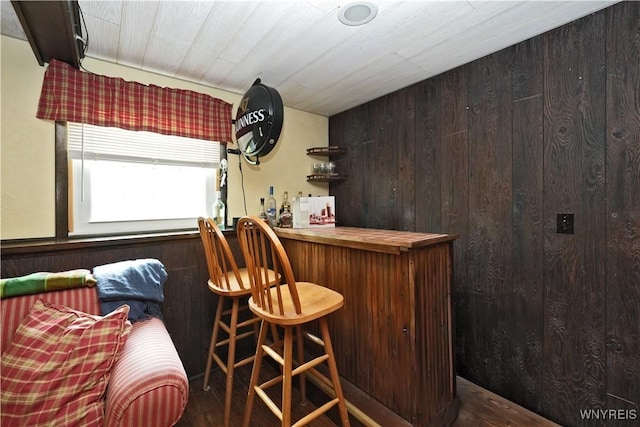 bar featuring a bar, wainscoting, wood finished floors, and wooden walls