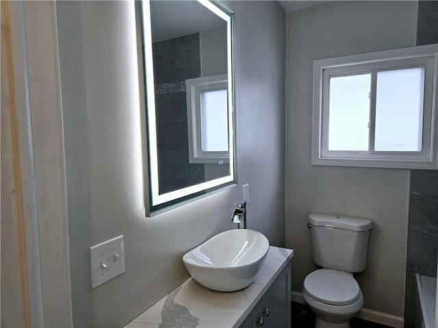 full bathroom with vanity, toilet, and a washtub