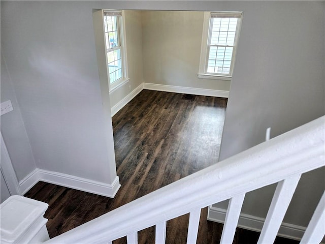 stairway featuring baseboards, wood finished floors, and a wealth of natural light
