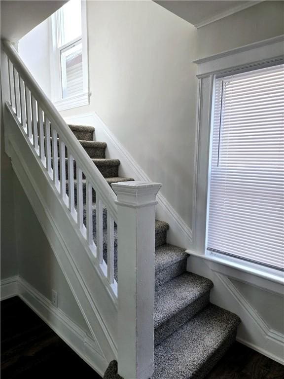 stairs featuring wood finished floors
