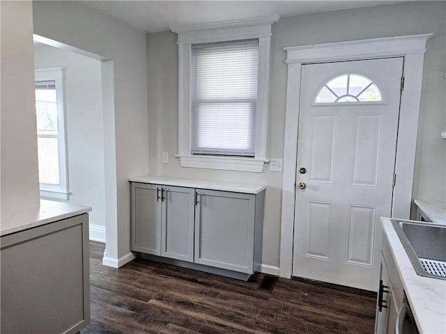 foyer entrance with baseboards and dark wood-style flooring