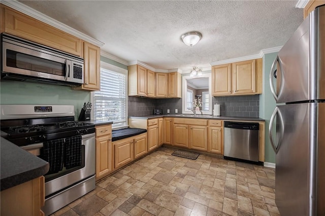 kitchen featuring decorative backsplash, appliances with stainless steel finishes, a sink, stone tile flooring, and light brown cabinets