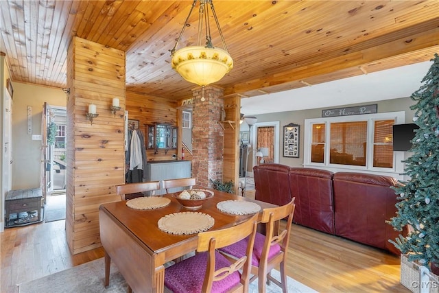 dining room with a ceiling fan, wood finished floors, and wooden ceiling