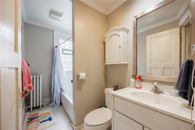 bathroom with vanity, toilet, shower / bath combination with curtain, radiator heating unit, and visible vents