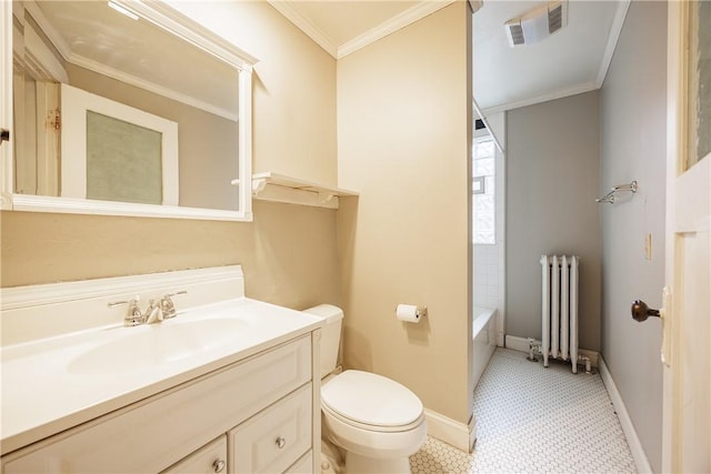full bath featuring a bathtub, visible vents, vanity, toilet, and radiator