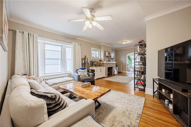 living area with a ceiling fan, crown molding, baseboards, light wood-style floors, and radiator