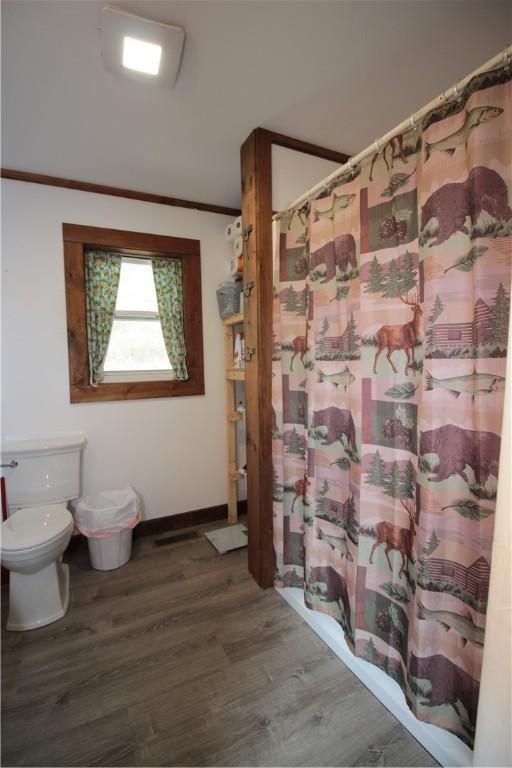 200 Mertz Rd, Bainbridge, NY 13733 - full bathroom featuring crown molding, wood finished floors, toilet, baseboards, and a shower with shower curtain
