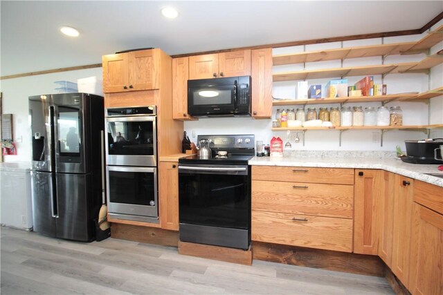 200 Mertz Rd, Bainbridge, NY 13733 - kitchen featuring open shelves, light wood finished floors, light brown cabinets, recessed lighting, and black appliances