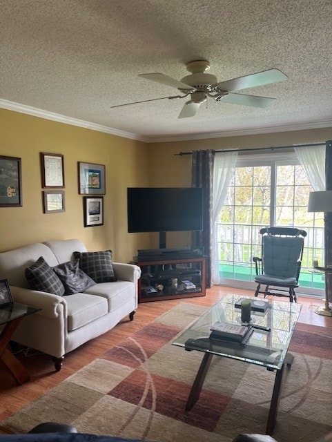 living room with crown molding, a textured ceiling, ceiling fan, and wood finished floors