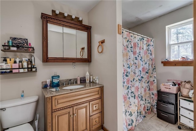 25082 Ridge Rd, Watertown-Town, NY 13601 - bathroom with vanity, tile patterned flooring, a shower with curtain, and toilet