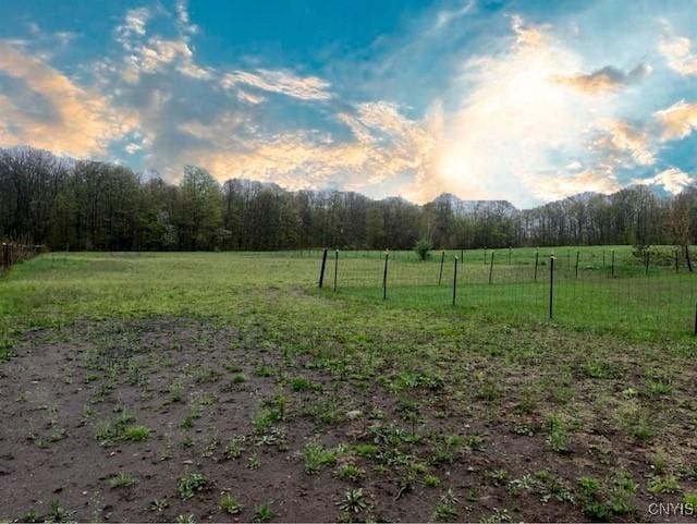 view of yard with a wooded view, fence, and a rural view