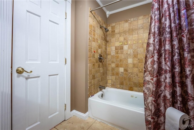 11511 State Route 26, Ava, NY 13303 - bathroom featuring baseboards, ornamental molding, tile patterned flooring, and shower / tub combo with curtain