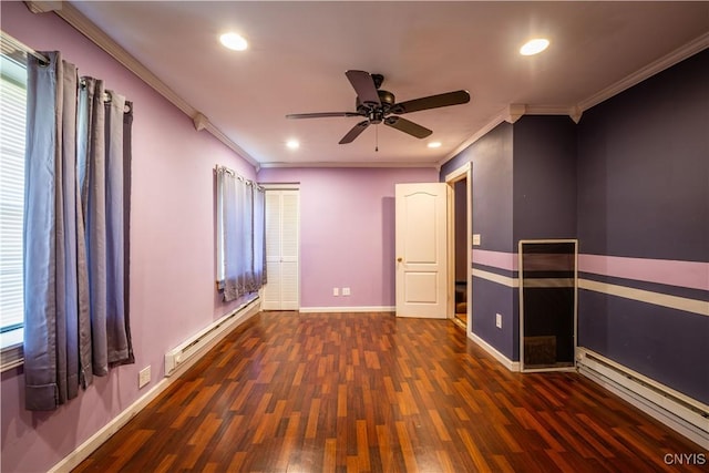 11511 State Route 26, Ava, NY 13303 - empty room with crown molding, baseboards, ceiling fan, dark wood-style floors, and a baseboard radiator