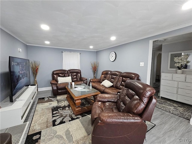 living area with crown molding, recessed lighting, baseboards, and wood finished floors