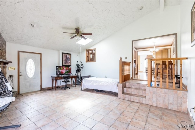bedroom featuring an inviting chandelier, a textured ceiling, high vaulted ceiling, and light tile patterned flooring