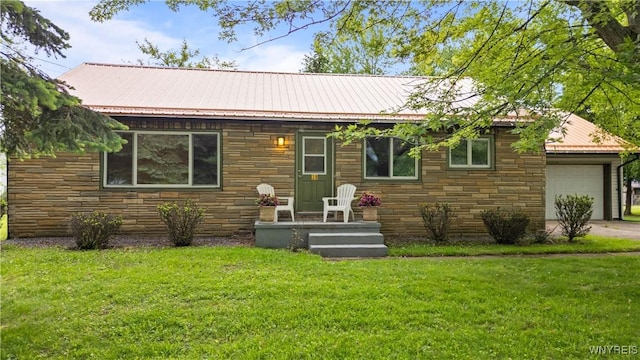 38 Carol Ave, Pomfret, NY 14063 - rear view of property with stone siding, a garage, and a yard