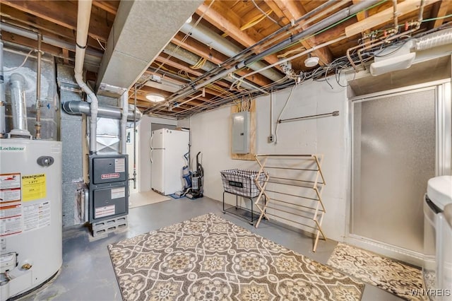 unfinished basement with water heater, heating unit, freestanding refrigerator, and electric panel