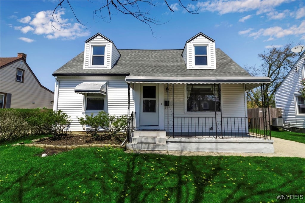 190 Beale Ave, Cheektowaga, NY 14225 - cape cod house with a front lawn, roof with shingles, central air condition unit, and covered porch