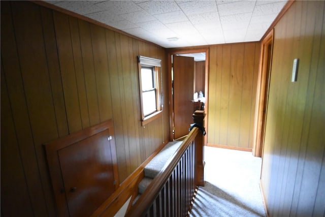 hall featuring carpet, wooden walls, and an upstairs landing