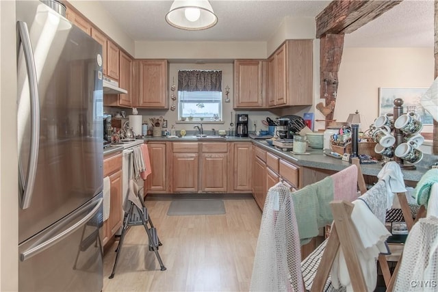 kitchen featuring dark countertops, a sink, light wood finished floors, stainless steel appliances, and under cabinet range hood
