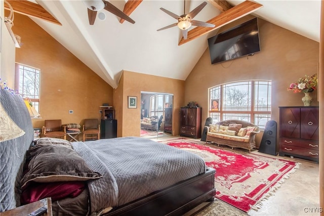 bedroom with high vaulted ceiling, ceiling fan, beam ceiling, and carpet