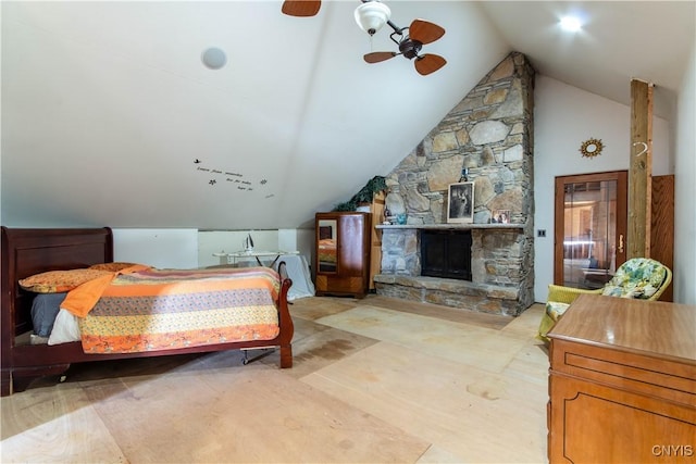 bedroom featuring ceiling fan and vaulted ceiling