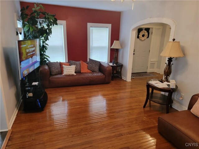 201 E Kennedy St, Syracuse, NY 13205 - living area featuring baseboards, arched walkways, a healthy amount of sunlight, and hardwood / wood-style flooring