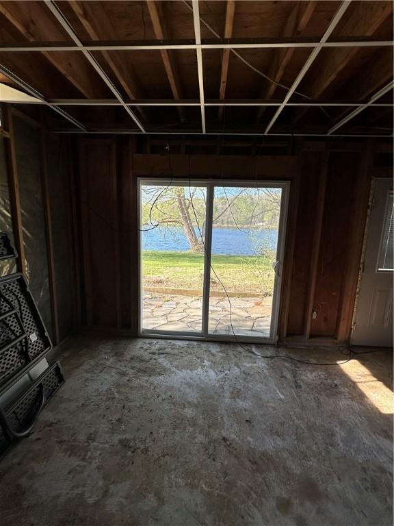 interior space with a water view