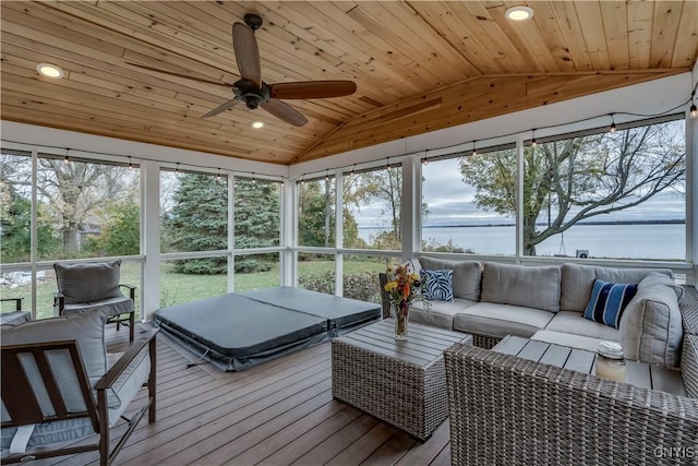 25524 County Route 57, Lyme, NY 13693 - sunroom / solarium with a ceiling fan, a water view, and outdoor lounge area