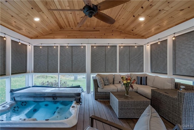 25524 County Route 57, Lyme, NY 13693 - sunroom with a hot tub, an outdoor living space, and a ceiling fan