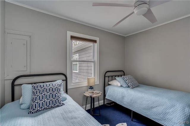 25524 County Route 57, Lyme, NY 13693 - carpeted bedroom featuring baseboards, ornamental molding, and a ceiling fan