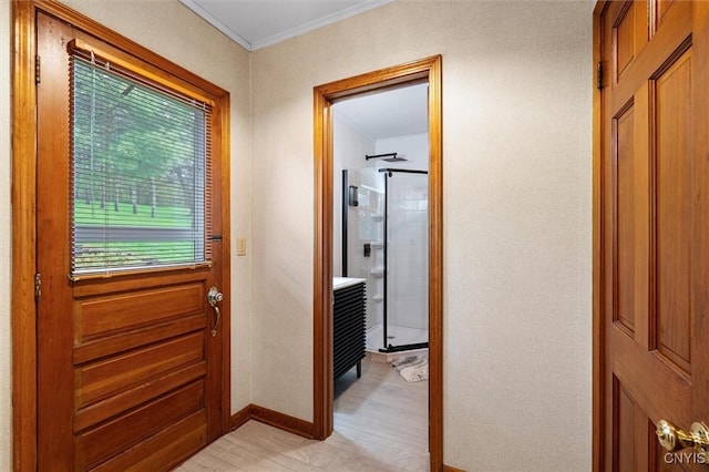 2380 E Lake Rd, Spafford, NY 13152 - hallway featuring baseboards and ornamental molding