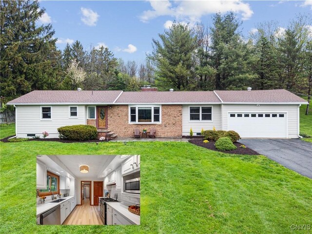 2380 E Lake Rd, Spafford, NY 13152 - single story home with asphalt driveway, an attached garage, a front lawn, and a sink