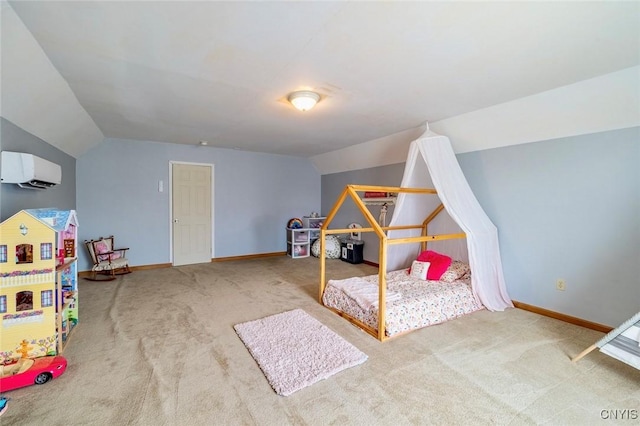 rec room with carpet flooring, baseboards, a wall mounted AC, and lofted ceiling
