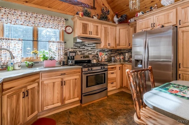 kitchen featuring appliances with stainless steel finishes, a sink, wooden ceiling, under cabinet range hood, and vaulted ceiling