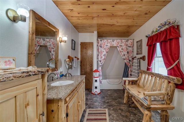 full bathroom with wood ceiling, vanity, a tub to relax in, and a shower with shower curtain